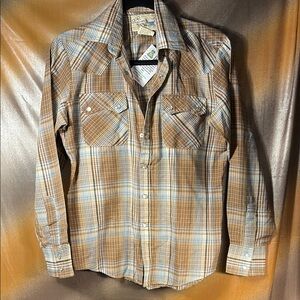 Vintage‎ 80’s Gap Tan and Blue Plaid Button Down Shirt D1 med(?) snap buttons
